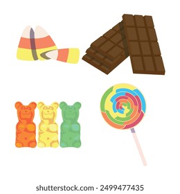 Illustration vector graphic design of sweets including candy corn, lollipop, chocolate bar, gummy bear. Can be used for a confectionery menu, icon, logo or halloween decoration, sticker, etc.