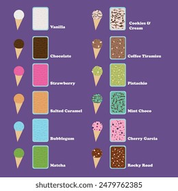 Illustration vector graphic design of twelve ice cream flavour in cone and container. Can be used for restaurant logo, ice cream parlor menu, decoration, etc.
