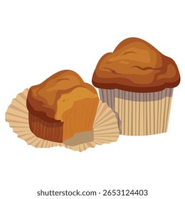Illustration vector graphic design of two muffin. One with wrapper on and the other open and bitten. Can be used for bakery icon, dessert store logo, sweet decoration, sticker, etc.