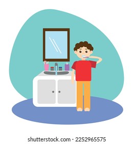 Ilustración de diseño gráfico vectorial de un niño pequeño cepillando sus dientes. Se puede usar para niños ilustraciones de libros, marca de programación, icono de actividades diarias, decoración, pegatina, etc.