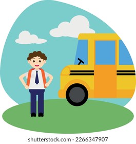 Ilustración de diseño gráfico vectorial de un niño que va a la escuela con un autobús escolar. Se puede usar para niños ilustraciones de libros, marca de programación, icono de actividades diarias, decoración, pegatina, etc.