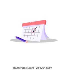 illustration vector graphic of a desktop calendar with a date circled and check mark, accompanied by a pencil. perfect for planning, scheduling, productivity, and time management themes.