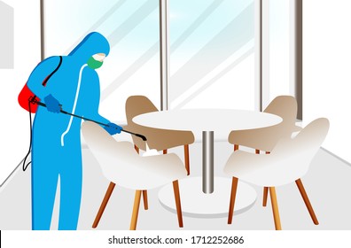 Illustration Vector Graphic Of Disinfectant Worker Tries To Cleaning The Meeting Room, Sterilization Coronavirus Or COVID-19.