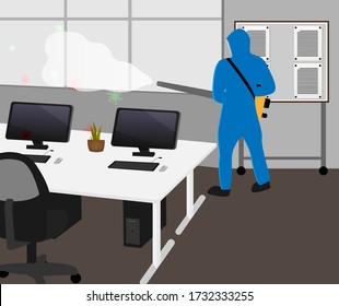 Illustration vector graphic of Disinfectant worker tries to cleaning the office, sterilization coronavirus or COVID-19.