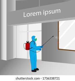 Illustration vector graphic of Disinfectant worker tries to cleaning front of office, sterilization coronavirus or COVID-19.