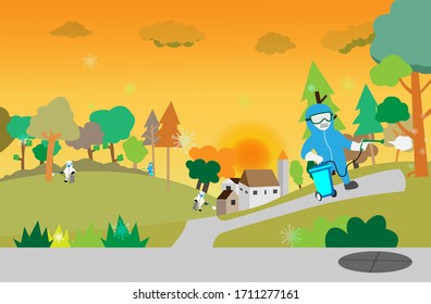 Illustration vector graphic of disinfectant workers tries to sterilize coronavirus or COVID-19 at the park in the middle of the city when the sun goes down, flat background.