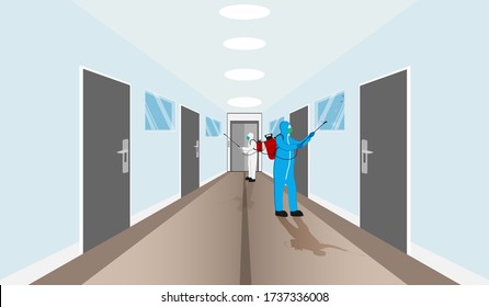 Illustration vector graphic of Disinfectant workers tries to cleaning virus at the corridor, sterilization coronavirus or COVID-19.