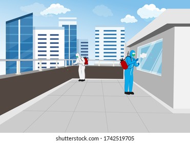 Illustration vector graphic of Disinfectant workers tries to clean the office at the outdoor rooftop, sterilization coronavirus or COVID-19.