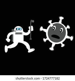 illustration vector graphic of The doctor uses protective equipment and holds the pipe and attack the corona virus.