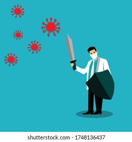 illustration vector graphic of 
doctors who fight against the corona virus. Fit for good for campaigns against viruses so that the virus disappears by means of a shield and sword that kills the virus