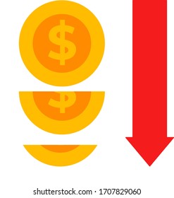 Abbildung der Vektorillustration der Dollar-Münzkrisenwirtschaft und des Abwärtspfeils mit flachem Design. Perfekt für Präsentationen in Büro-, Bank- und Finanzunternehmen