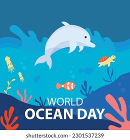 illustration vector graphic of dolphins jump to the surface of the sea water, showing marine life, perfect for international day, world ocean day, celebrate, greeting card, etc.