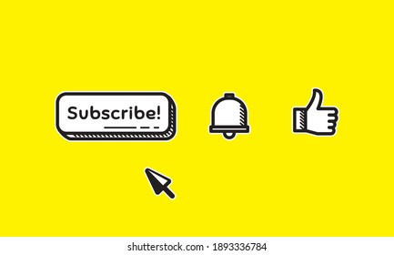 Illustration Vector Graphic Doodle Art of Subscribe Button, Like and Notification Bell Icon. Suitable for vlog asset. 