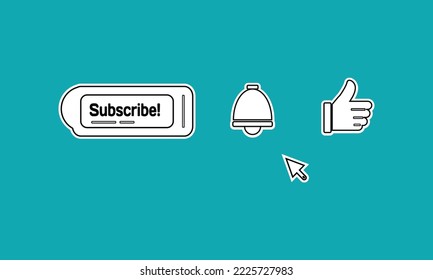 Illustration Vector Graphic Doodle Art of Subscribe Button, Like and Notification Bell Icon for vlog asset.