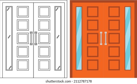 Illustration vector graphic of double door front view suitable for your home design and home poster design on architectural work