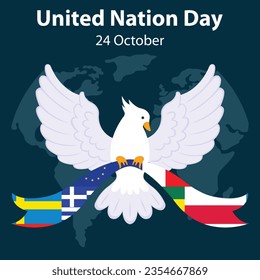 illustration vector graphic of the dove carries the ribbons of the countries of the world, perfect for international day, united nation day, celebrate, greeting card, etc.