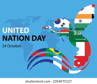 illustration vector graphic of dove in the colors of world country flags, showing world map, perfect for international day, united nation day, celebrate, greeting card, etc.