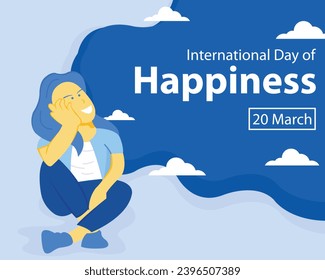 illustration vector graphic of a dreamy woman smiling happily, showing the blue sky, perfect for international day, international day of happiness, celebrate, greeting card, etc.