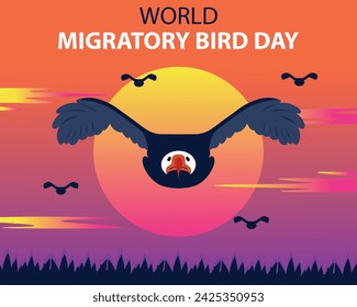 illustration vector graphic of Eagles migrate in groups in the afternoon, showing sunrise, perfect for international day, world migratory bird day, celebrate, greeting card, etc.