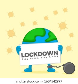 Illustration vector graphic of earth character holding sign saying lockdown to avoid corona virus. Good to use for healthcare and medical content, etc.