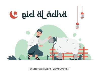 Illustration Vektorgrafik von eid al-adha und das Fest der Opfer . Schaf- und Mannmuslim Perfekt für Plakat und Banner