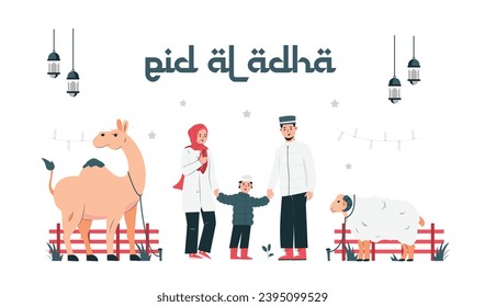 Ilustración vectorial gráfica de eid al-adha y La fiesta del sacrificio . ovejas, camellos y familia musulmana felicitar a eid al adha Perfect por afiche y pancarta