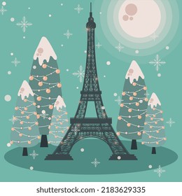 Illustration vector graphic of the  Eiffel tower in Christmas winter season  with cute natural style. This illustration fits for merchandise, sticker, etc.