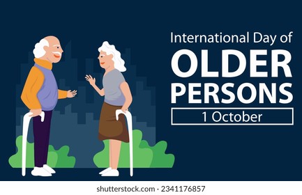 illustration vector graphic of an elderly couple talking together, showing silhouette of skyscraper perfect for international day, international day of older persons, celebrate, greeting card, etc.