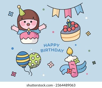 Illustration vector graphic elements of cute girl birthday party celebration set in pastel colours. Perfect for invitation card, poster, banner, social media post, etc.