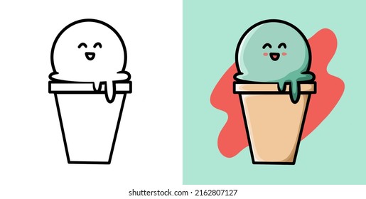 Illustration vector graphic emoji cartoon character of cute mint ice cream . Doodle Kawaii line art . Can be used for children book , t - shirt , apparel , bags and other children product .