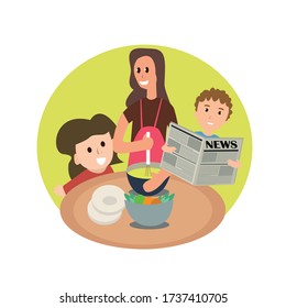 Illustration vector graphic of family at home, cooking, and reading a newspaper. Fit for stay home signs or symbol.