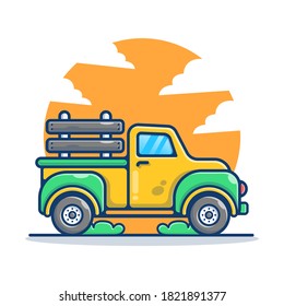 Illustration vector graphic of Farmer Car Transportation.Taxi with Clouds Silhouette in background. Flat cartoon style perfect for sticker, wallpaper, icon, landing page, website.