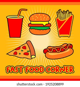 Ilustración Vector Gráfico de símbolo de comida rápida. Hamburguesa, pizza, Perro caliente, patatas fritas y bebida fresca. Perfecto para las modernas raciones de comida rápida hipster. Adecuado para su restaurante o cafetería