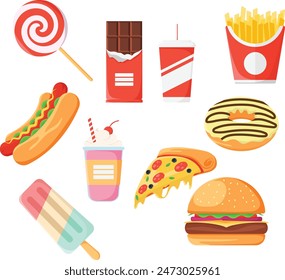 Illustration vector graphic of fast food, sweet foods, ice cream, and drinks. Perfect for food products, food ads, etc.