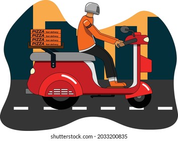 Ilustración vectorial de un tipo de reparto rápido y libre de pizza usando una moto roja en el fondo de la ciudad. Ideal para carteles, revistas, carteles, afiches y niños.