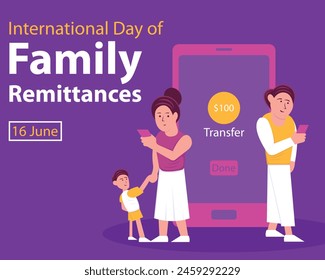 illustration vector graphic of a father transfers money to his wife and children via smartphone, perfect for international day, family remittances, celebrate, greeting card, etc.

