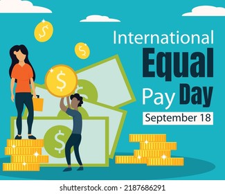 Illustration Vector Graphic Of A Female Boss Is Carrying A Suitcase And A Male Worker Is Holding A Gold Coin, Showing Scattered Dollar Bills, Perfect For International Equal Pay Day, Celebrate, Etc.