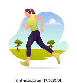 Illustration vector graphic of Female character jogging. He runs, does fitness workouts.