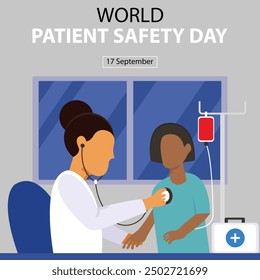 illustration vector graphic of a female doctor is examining a patient with a stethoscope, perfect for international day, world patient safety day, celebrate, greeting card, etc.