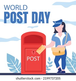 illustration vector graphic of female postal clerk puts postcard in mailbox, perfect for international day, world post day, celebrate, greeting card, etc.
