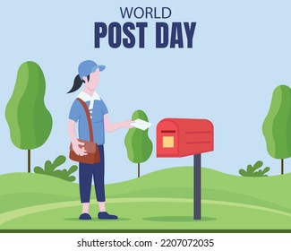 ilustración vectorial de una empleada postal pone una postal en un buzón de correo, perfecto para el día internacional, el día mundial del post, la celebración, la tarjeta de saludo, etc.