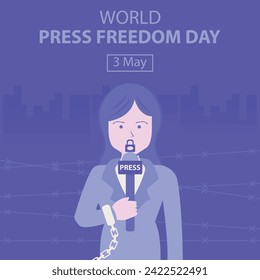 illustration vector graphic of a female reporter is holding a microphone with her hands in handcuffs, perfect for international day, world press freedom day, celebrate, greeting card, etc.