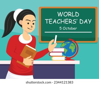 illustration vector graphic of The female teacher is explaining the lesson in front of the class, perfect for international day, world teachers day, celebrate, greeting card, etc.