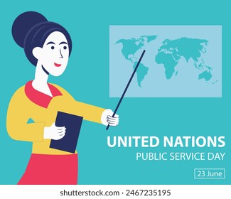 illustration vector graphic of a female teacher is explaining a map, perfect for international day, united nations public service day, celebrate, greeting card, etc.