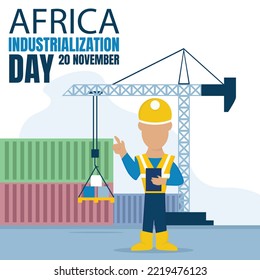 illustration vector graphic of field section project worker holding a note, showing container and crane background, perfect for international day, africa indsutrialization day, celebrate.