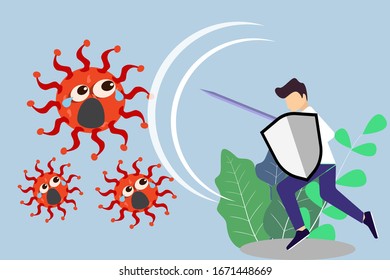 Illustration vector graphic of fight covid-19 corona virus. flat illustration. People fighting with virus concept.  stopping corona virus. Vector illustration EPS10.
