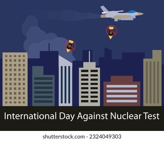illustration vector graphic of a fighter plane dropped a nuclear bomb in the middle of the city, perfect for international day, international day against nuclear test, celebrate, greeting card, etc.