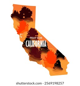 Illustration vector graphic of fire in California state, USA. Trees burn in red, orange wildfire. Creek fire in the forest. Pray for California's Creek Fire concept. Flat style.