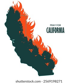 Illustration vector graphic of fire in California state, USA. Trees burn in red, orange wildfire. Creek fire in the forest. Pray for California's Creek Fire concept. Flat style.