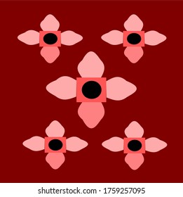 illustration vector graphic of five red flowers with four petals concept design with red background